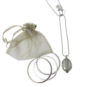 Chico's Contemporary Faceted Glass Pendant Necklace & 3 Bangle Bracelet Set